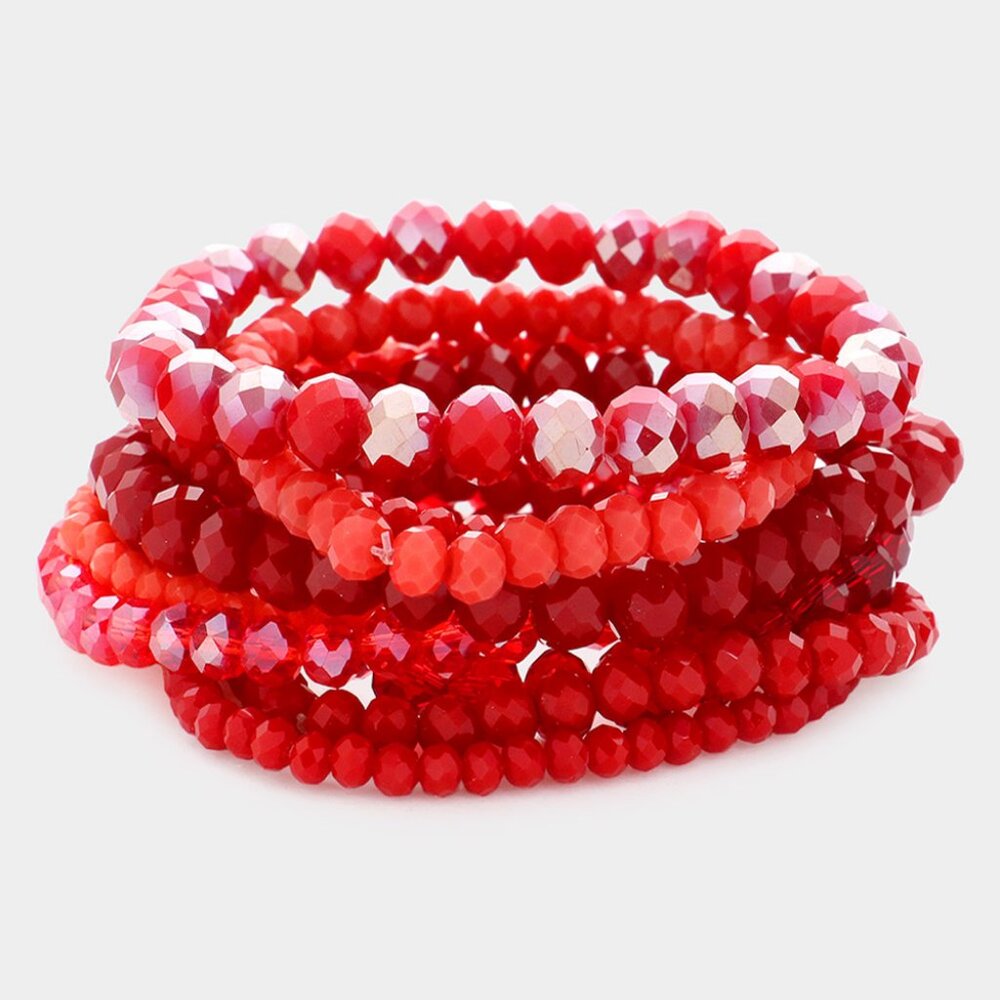 Gorgeous Glass Beaded 9PC Stretch Bracelet Set in Red